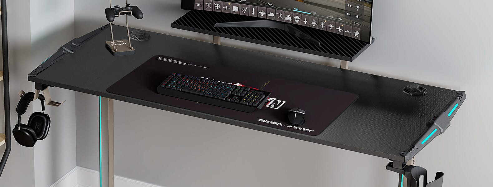 Sentry RGB gaming desk with Nuketown mousepad desktop banner