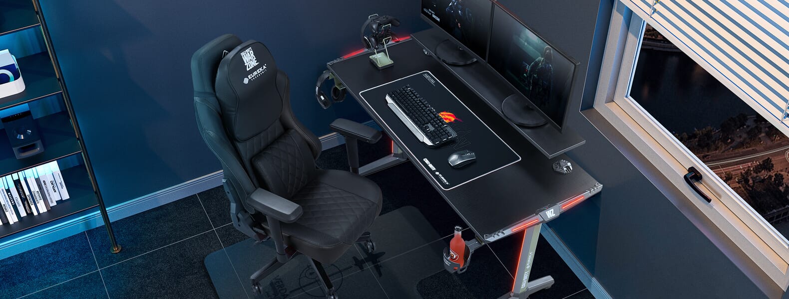 Sentry RGB gaming desk with Olt Times mousepad overhead view desktop banner