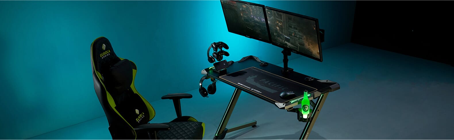 GAMING DESK: UAV RGB With Accessory Hook - Game Room WIth Green Gaming Chair - Dual Monitors - EUREKA ERGONOMIC GAMING-DESKS SCENE8