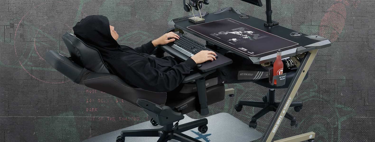 GAMING DESK: UAV RGB With Accessory Hook - Gaming Room WIth Green Gaming Chair - Gamer Fully Reclined - Dual Monitors - EUREKA ERGONOMIC GAMING-DESKS SCENE9