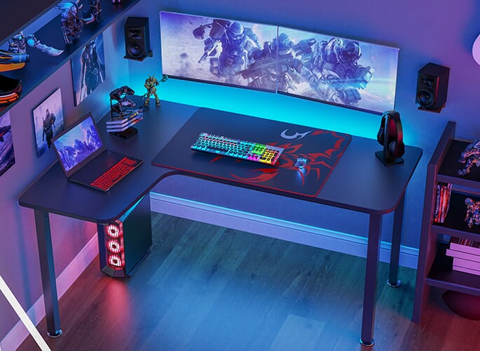 GAMING DESK: L01 60" Black L Shaped, Left - Full Gaming Room Dual Monitors - Call Of Duty - Eureka Ergonomic GAMING-DESKS SCENE13