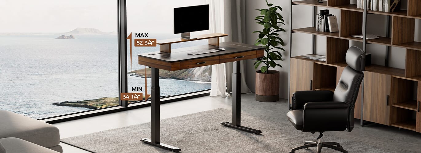 55 Classic Leather Finish Standing Desk with Drawers for Home Office