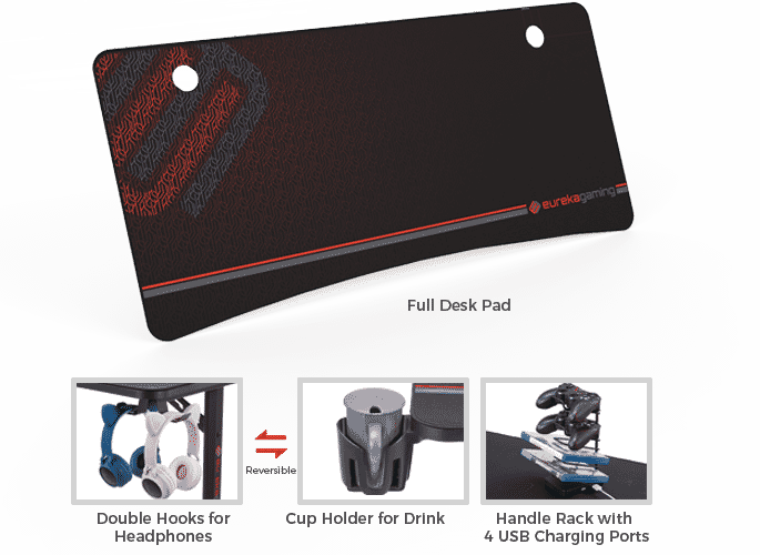 GAMING DESK: GIP 60" with Mouse Pad, Black - Head Phone Hooks - Cup Holder - White Background - Eureka Ergonomic GAMING-DESKS SCENE12