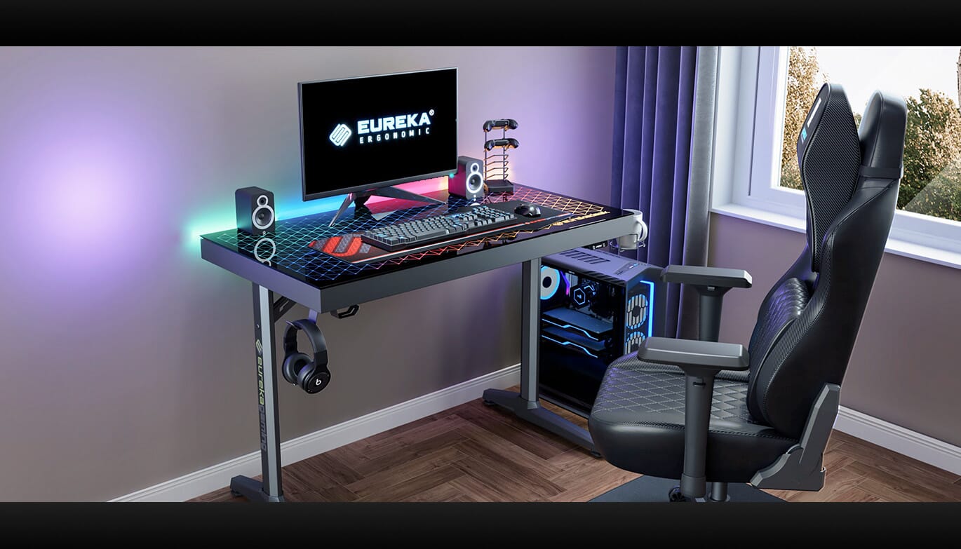 GTG-I43 glass desk in bedroom with black gaming chair