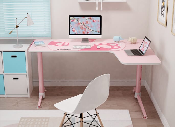 L60 Pink L Shape Gaming Desk bedroom computer setup with white chair