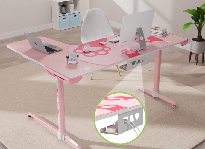 L60 Pink L Shape Gaming Desk closeup on cable management tray