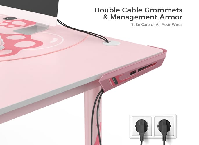 L60 Pink L Shape Gaming Desk side trim cable management routing and cable management grommet