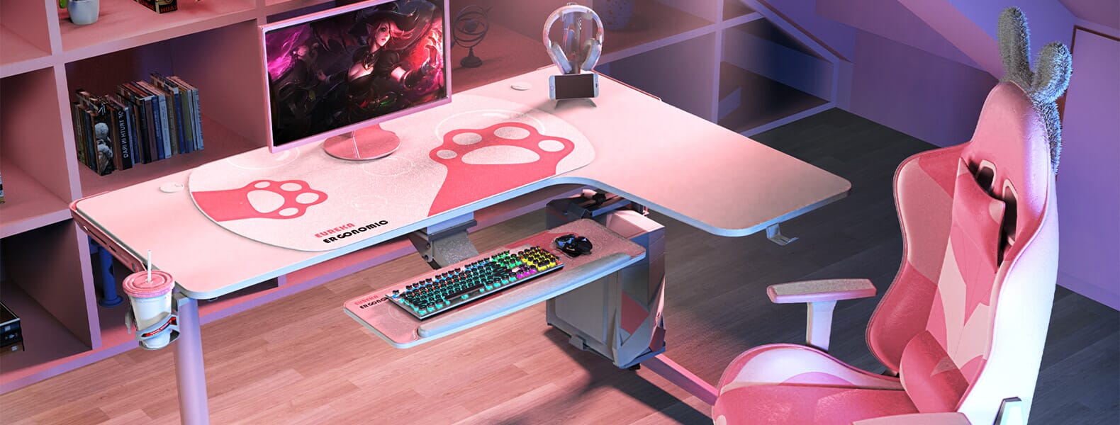 L60 Pink gaming setup with shelves and pink gaming chair desktop banner