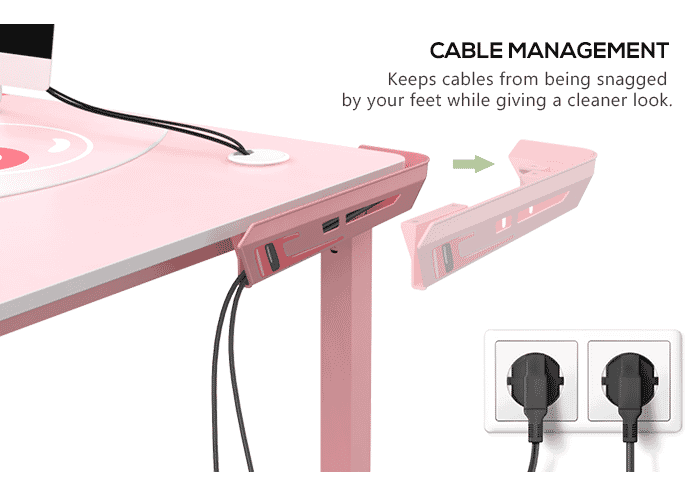 GAMING DESK: L152 60" Pink Shaped L Desk, Left - Keeps Cable From Being Snapped By Your Feet While GIving A Cleaner Look - Eureka Ergonomic GAMING-DESKS SCENE13