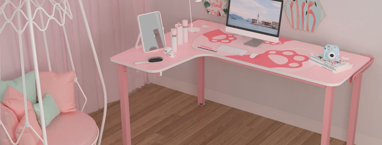 GAMING DESK: L152 60" Pink Shaped L Desk, Left - Full Gaming Setup2 - Monitor - Comestic Mirror - Eureka Ergonomic GAMING-DESKS SCENE10
