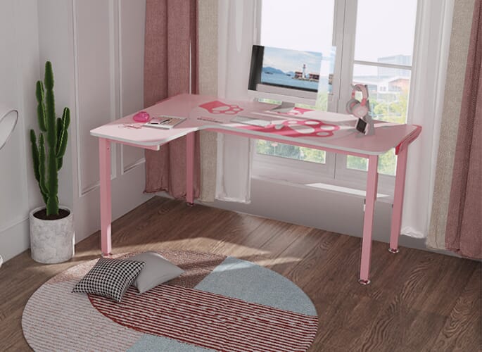 GAMING DESK: L152 60" Pink Shaped L Desk, Left - Home Office - Monitor - Eureka Ergonomic GAMING-DESKS SCENE12