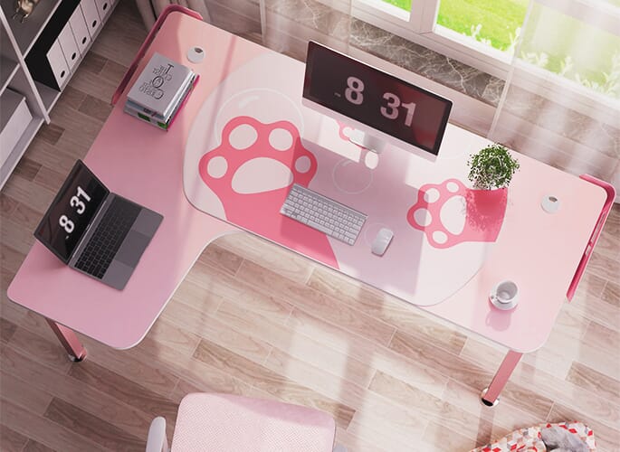 GAMING DESK: L152 60" Pink Shaped L Desk, Left - Overhead Shot Of Gaming Room -Monitor - Laptop - Eureka Ergonomic GAMING-DESKS SCENE11