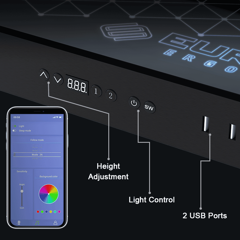 GTG 47 inch height adjustable RGB glass desk - convenient front control panel for standing desk height, memory presets, RGB light modes, and USB charging