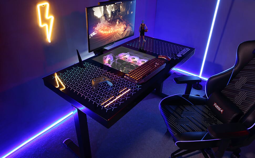 GTG-EVO Glass PC Case Desk dark room scene with RGB lights
