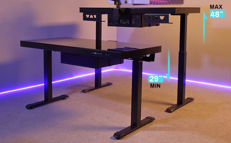 GTG-EVO Glass PC Case Desk standing height and sitting height scene