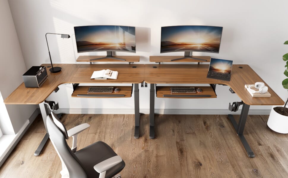 L Shape 60 inch height adjustable desk, walnut, left and right side double setup